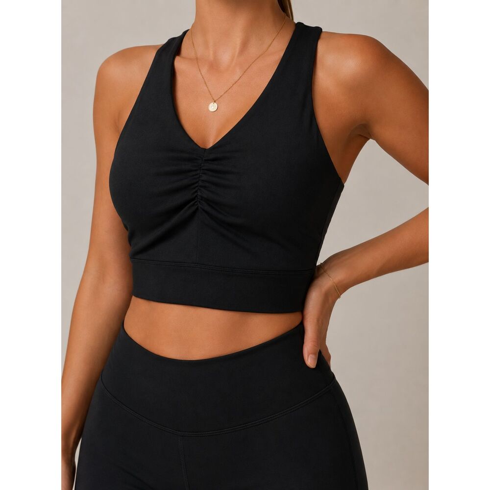 Nine West Active Black Ruched Sports Bra Crop Top Mesh Back M Gym Girl Lounge